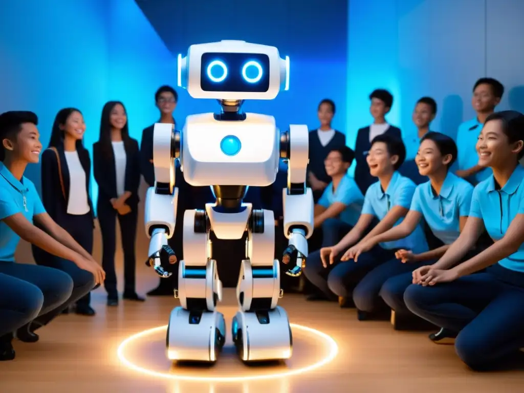 Robot moderno sorprende a estudiantes con su baile Estudiantes asombrados observan a un moderno robot bailando en un aula, destacando la integración de la robótica en la educación