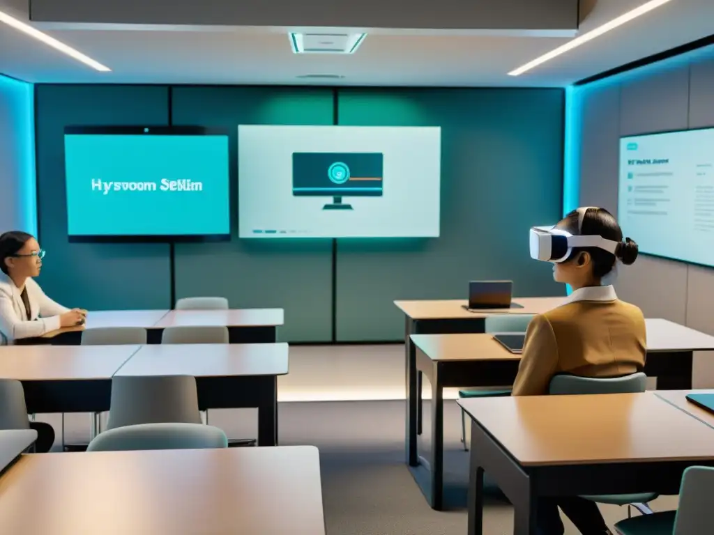 Estudiantes en aula con auriculares de realidad aumentada, inmersos en actividades personalizadas