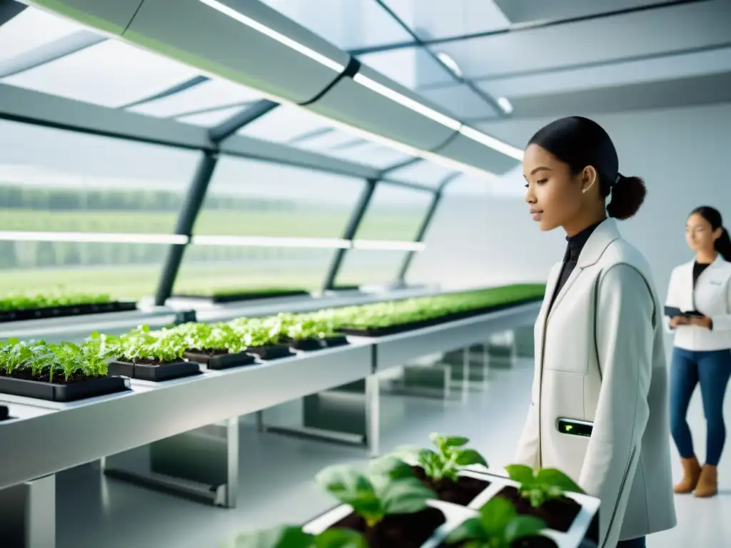 Estudiantes en aula futurista de agricultura con maquinaria robótica