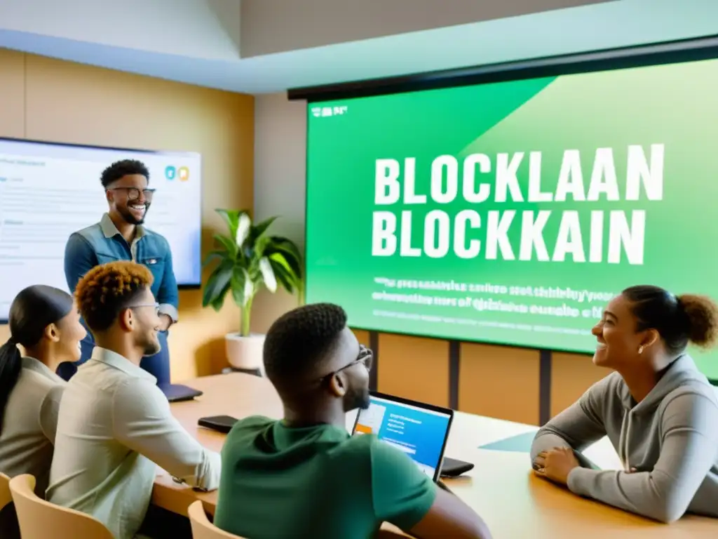 Estudiantes colaboran en aula moderna con plataforma blockchain