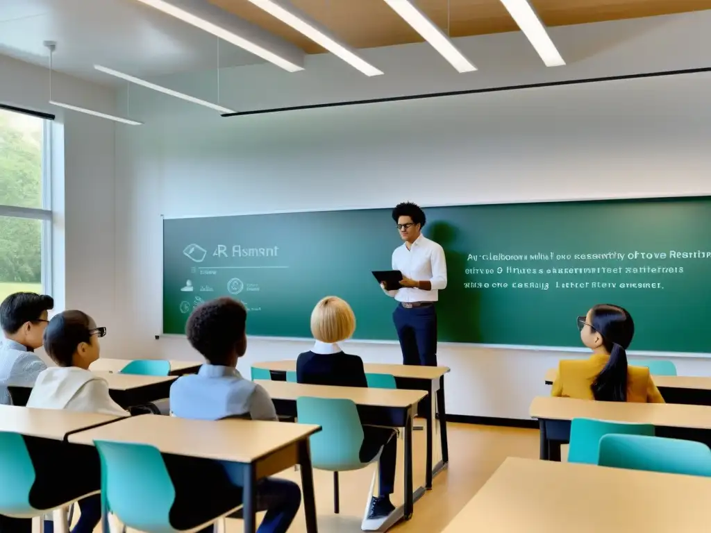 Estudiantes colaborando en aula con realidad aumentada para evaluar competencias y facilitar aprendizaje interactivo