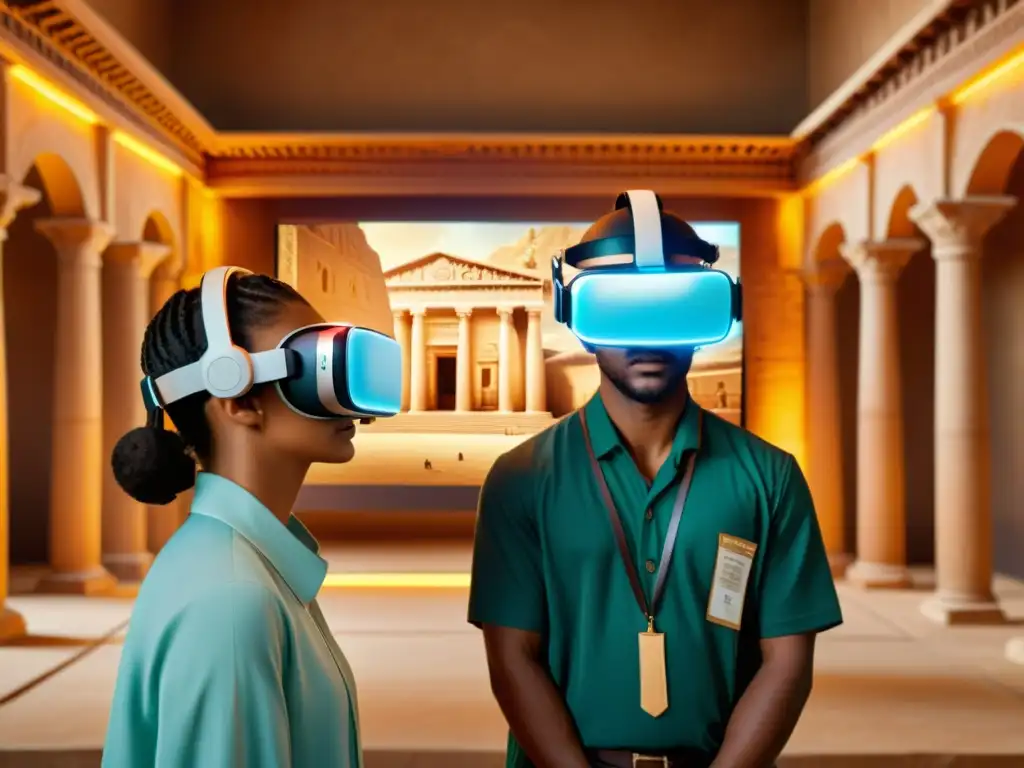 Estudiantes explorando un aula de realidad virtual en un entorno histórico, con detalles realistas y expresiones de asombro