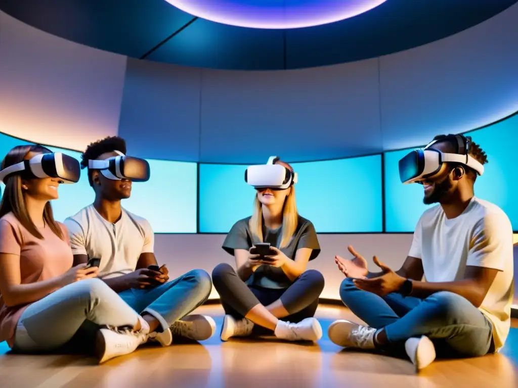 Estudiantes en círculo usando auriculares de realidad virtual en un aula futurista, expresando emociones