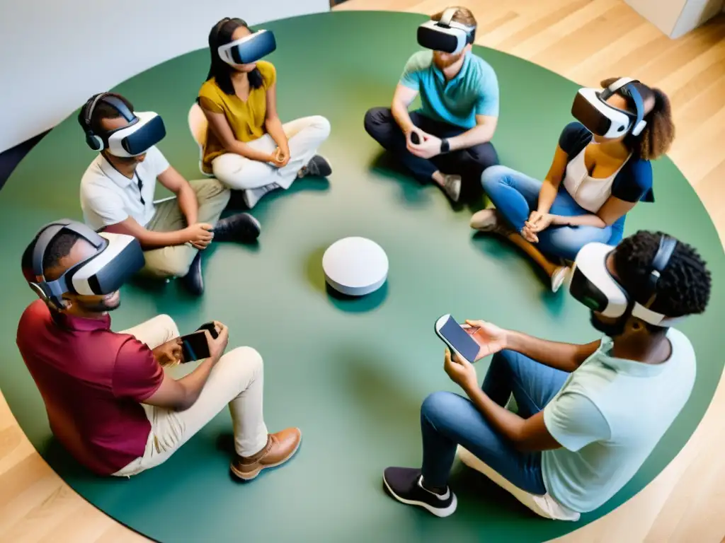 Estudiantes en círculo usan Realidad Virtual para desarrollo habilidades socioemocionales en entorno natural sereno