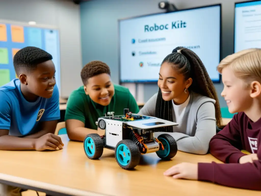 Estudiantes colaborando en la clase con kits de robótica educativa, demostrando entusiasmo y trabajo en equipo