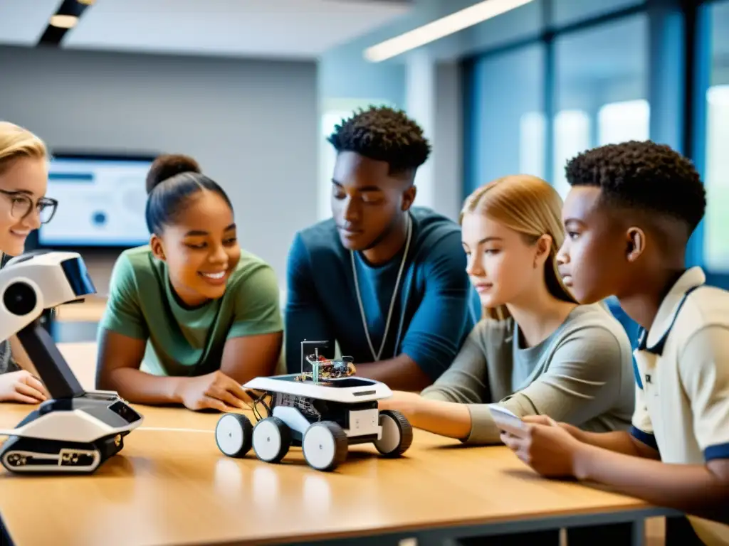 Estudiantes colaborando en la construcción y programación de robots