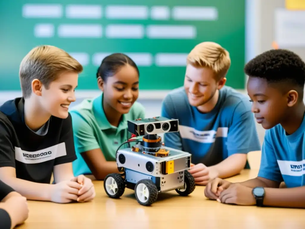 Estudiantes colaborando en la construcción de robots para educación en un aula moderna y luminosa, con posters de robótica en las paredes