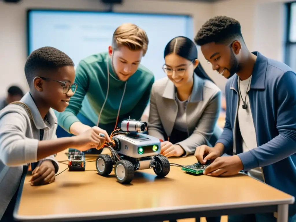 Estudiantes colaborando en la construcción de robots para educación, enfocados y entusiasmados en el aula