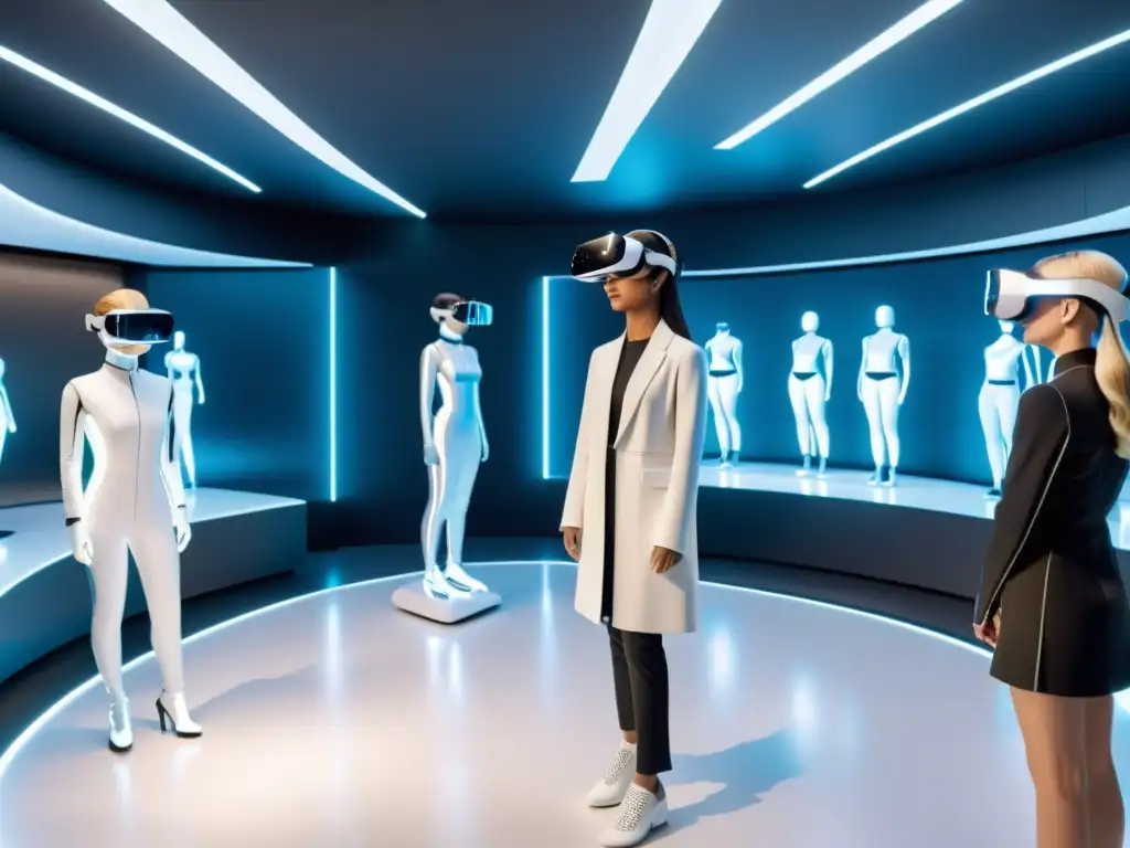 Estudiantes aprendiendo diseño de moda en un aula de realidad virtual futurista con hologramas y maestra virtual