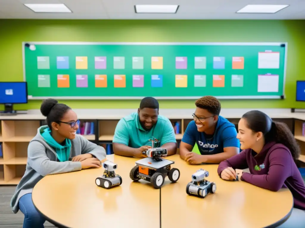 Estudiantes diversificados crean y programan robots en un aula moderna y colorida