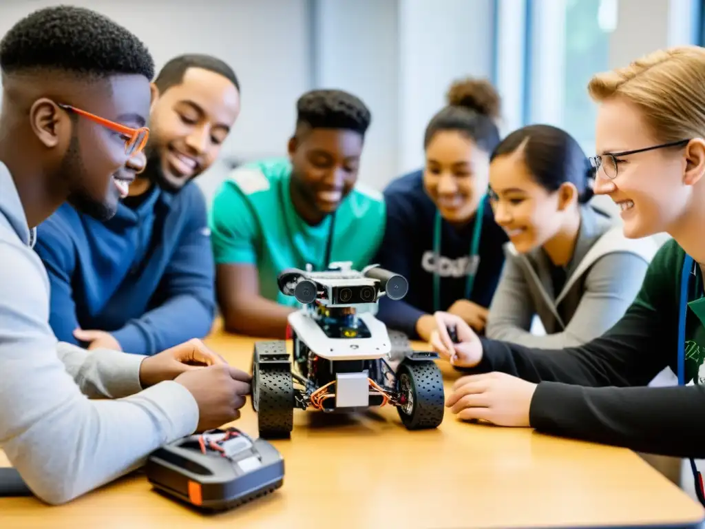 Estudiantes diversos trabajan juntos en un proyecto de robótica inclusiva para estudiantes especiales en un aula moderna y bien iluminada