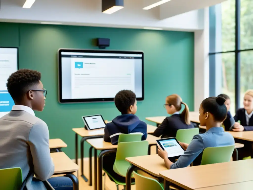 Estudiantes usando ebooks interactivos en aula moderna, tecnología innovadora en educación