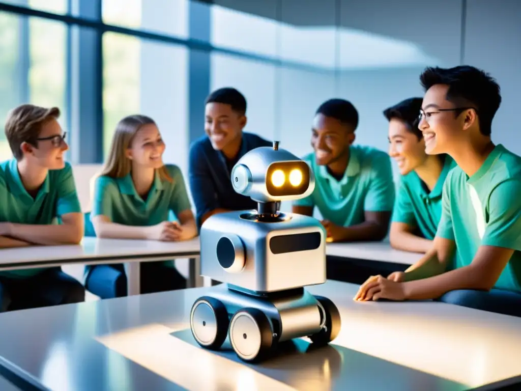 Estudiantes entusiasmados trabajando en proyectos innovadores en robótica educativa junto a un moderno robot en el aula iluminada