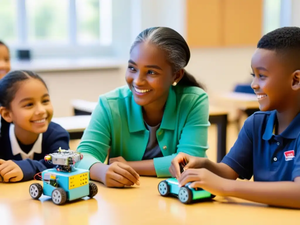 Estudiantes entusiasmados construyendo robots en clase