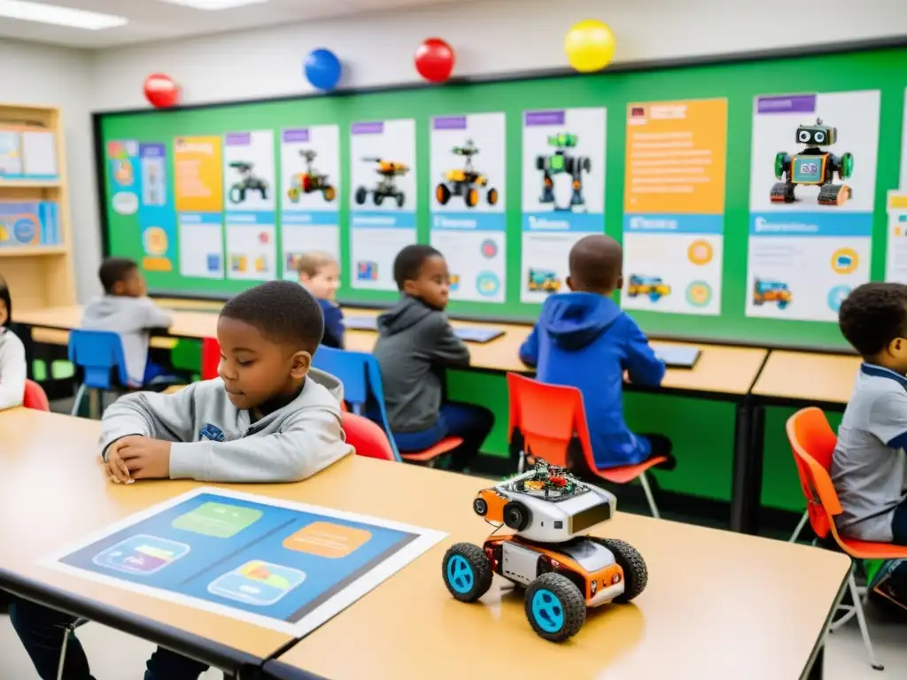 Estudiantes entusiastas construyendo robots en un aula luminosa