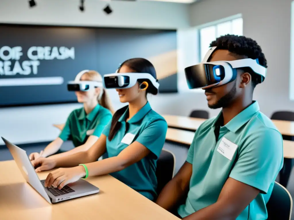 Estudiantes realizando experimento de ciencias con auriculares de realidad aumentada en aula moderna