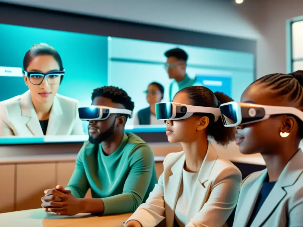 Estudiantes usando gafas de realidad aumentada en una aula moderna, interactuando con contenido educativo virtual