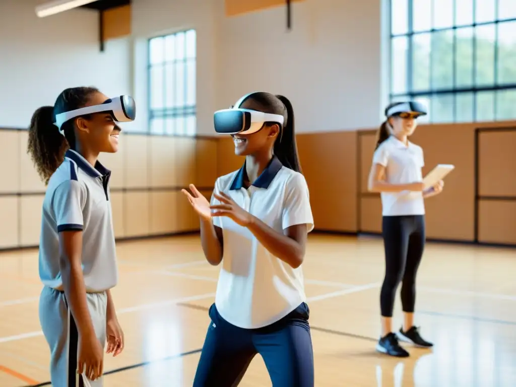 Estudiantes usan gafas de realidad aumentada en clase de educación física, interactuando con objetos virtuales