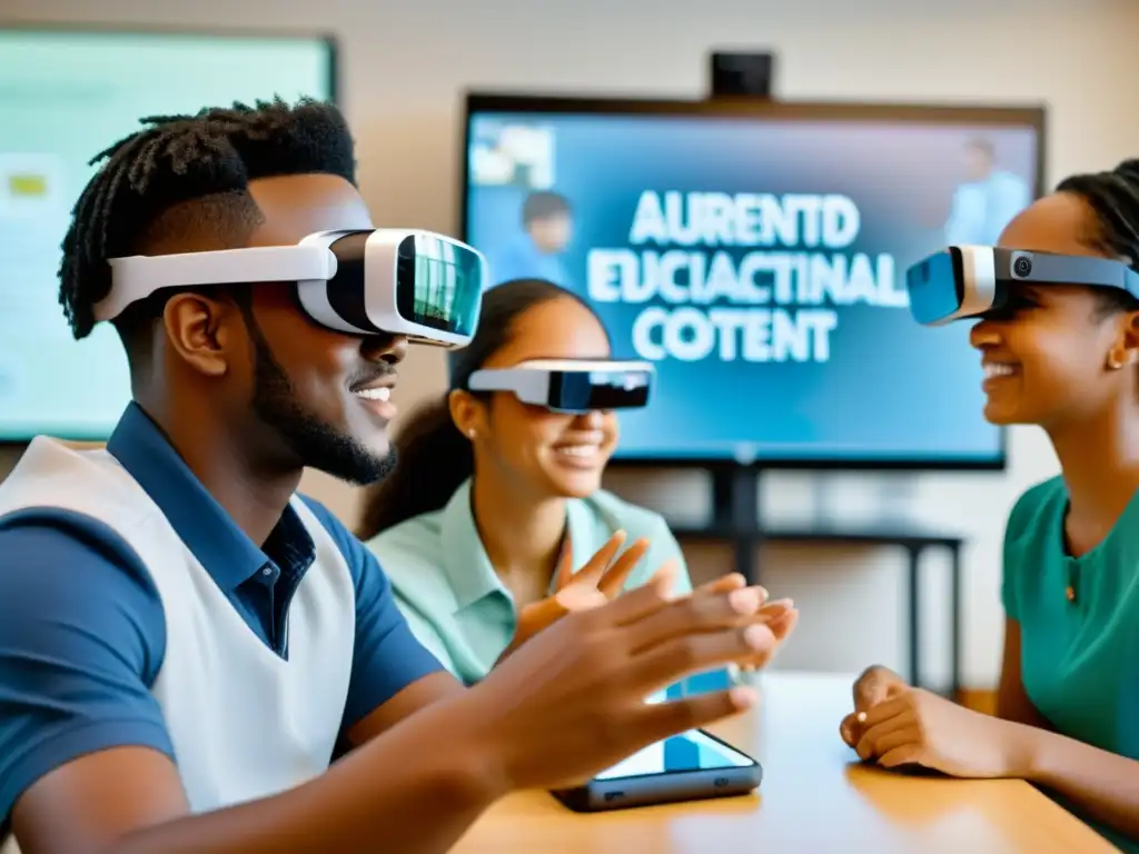 Estudiantes con gafas de realidad aumentada interactúan con contenido educativo en un aula inclusiva