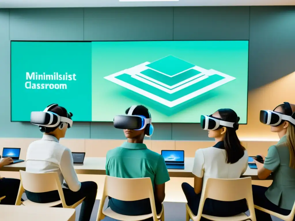 Estudiantes inmersos en actividades de idiomas en un aula minimalista utilizando auriculares de realidad virtual