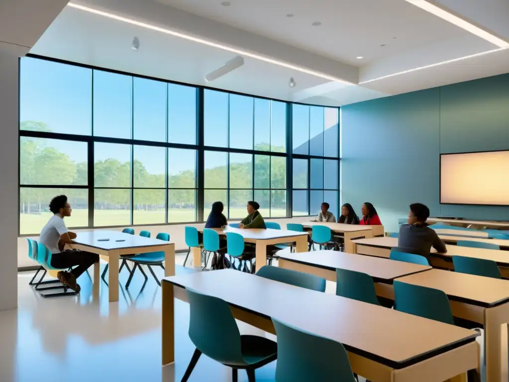 Estudiantes inmersos en aprendizaje AI en aula moderna iluminada por luz natural