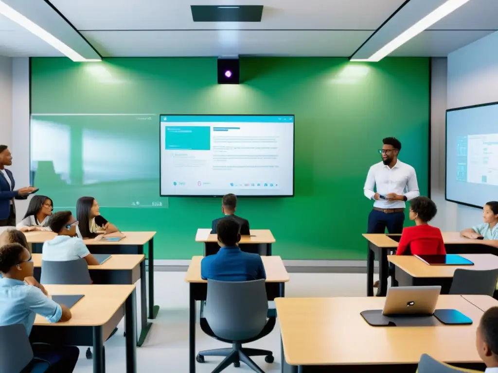 Estudiantes inmersos en el aprendizaje urbano con tecnologías emergentes en un aula moderna y minimalista