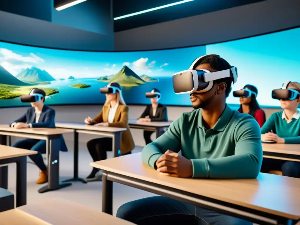 Estudiantes inmersos en el aula virtual, fusionando la educación tradicional con los orígenes de la realidad virtual en 8k