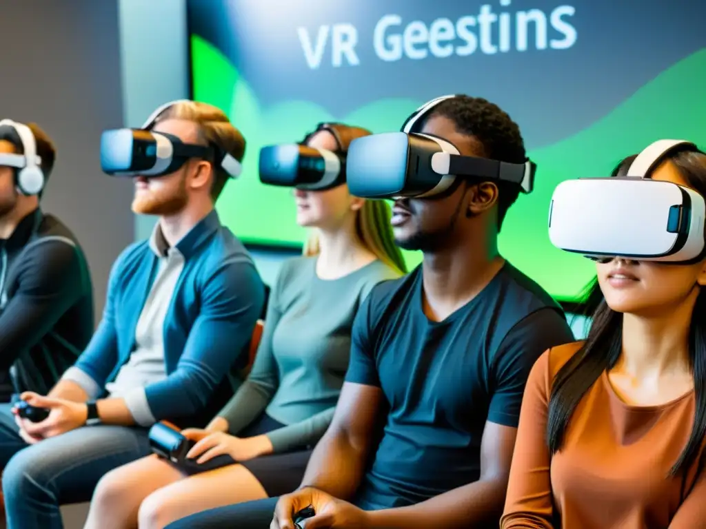 Estudiantes inmersos en una ciudad futurista en realidad virtual, disfrutando los beneficios de la gamificación en RV