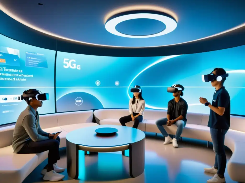 Estudiantes inmersos en experiencia educativa futurista con tecnología 5G, mostrando beneficios educativos del 5G