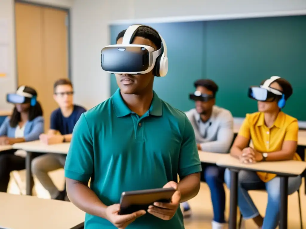 Estudiantes inmersos en experiencias inclusivas en Realidad Virtual, colaborando en un aula dinámica y llena de aprendizaje interactivo