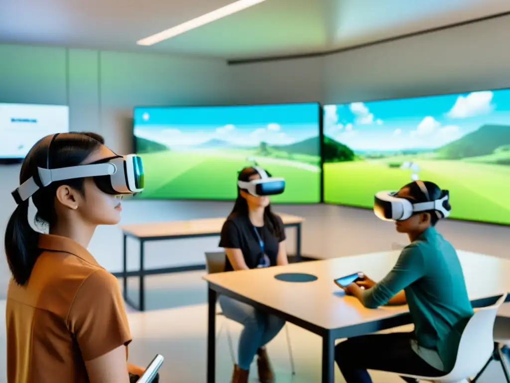 Estudiantes inmersos en experiencias de realidad virtual en un aula minimalista