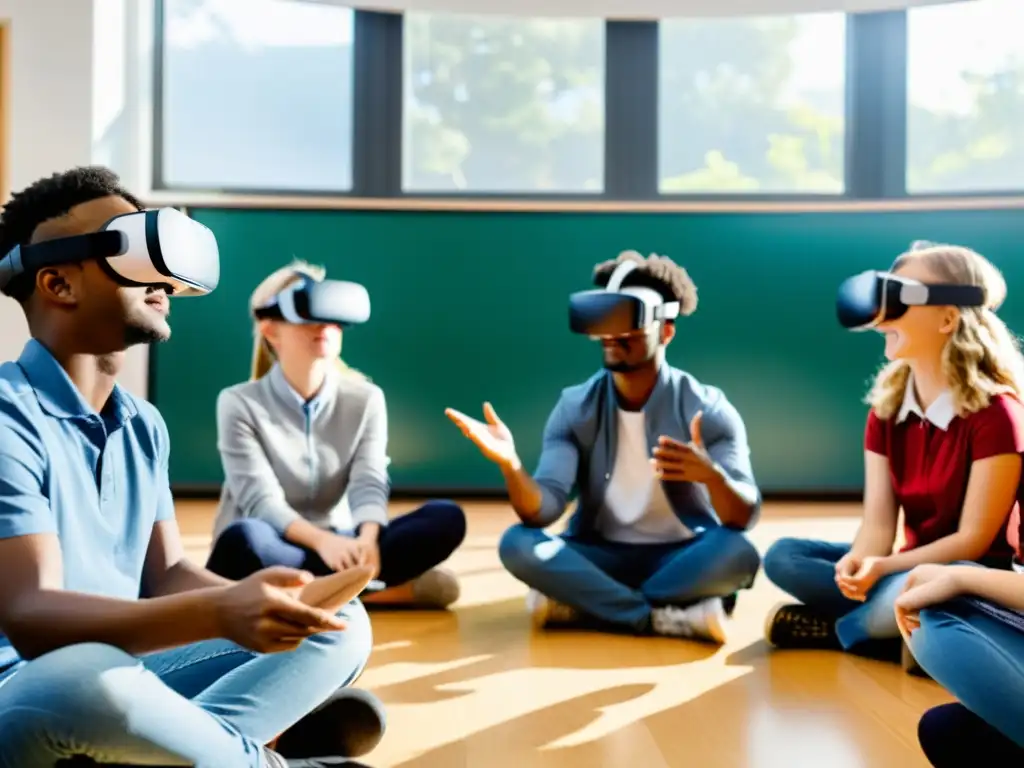 Estudiantes inmersos en proyectos de RV en instituciones educativas, explorando un ambiente virtual en el aula llena de luz natural