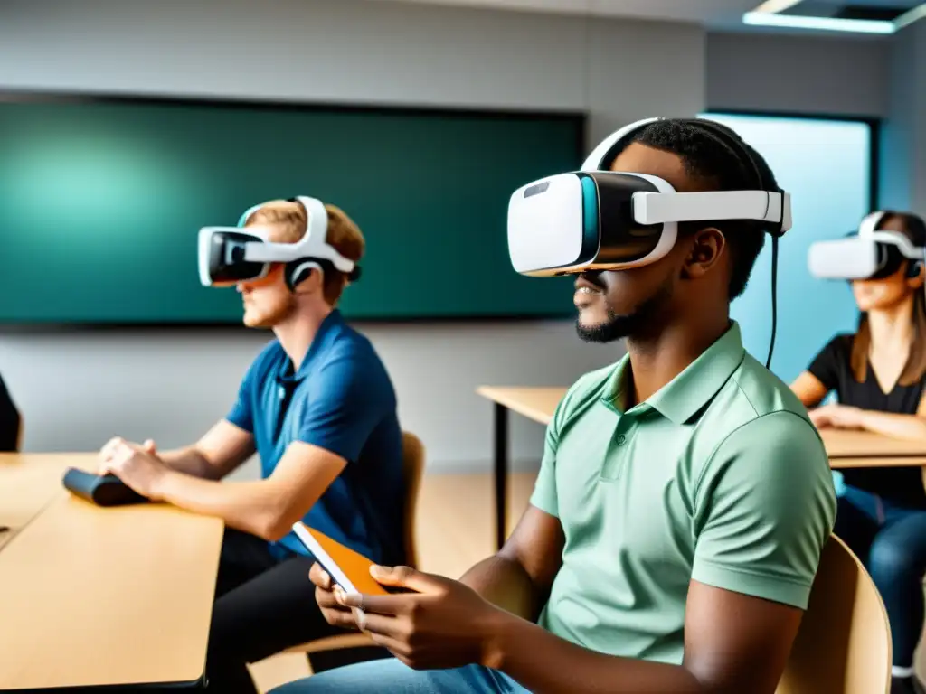 Estudiantes inmersos en la realidad virtual en educación, fusionando lo físico y virtual en un aula minimalista