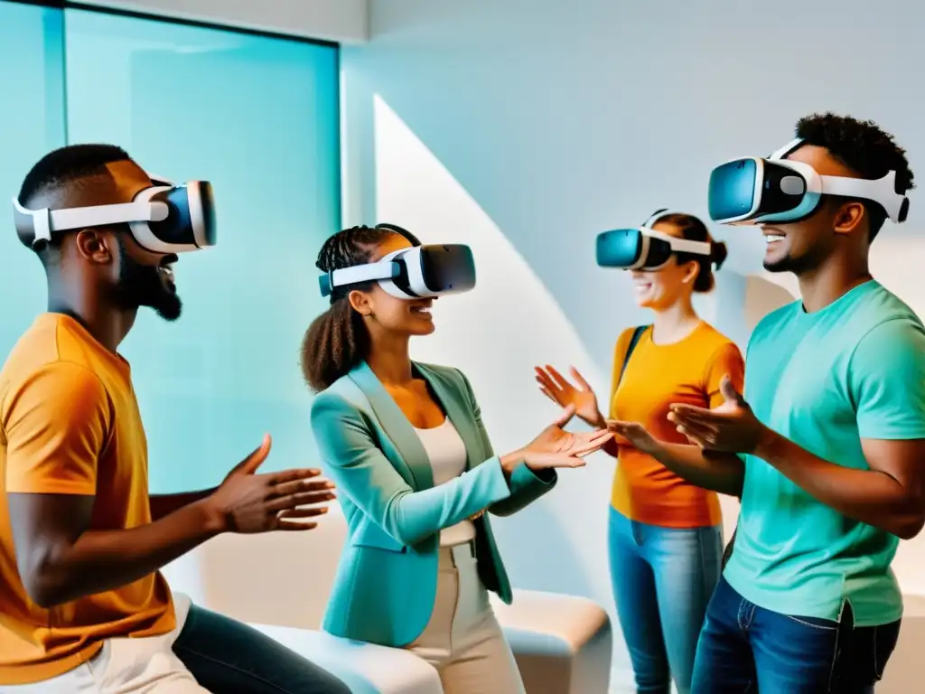 Estudiantes inmersos en realidad virtual para aprender idiomas en un ambiente moderno y vibrante