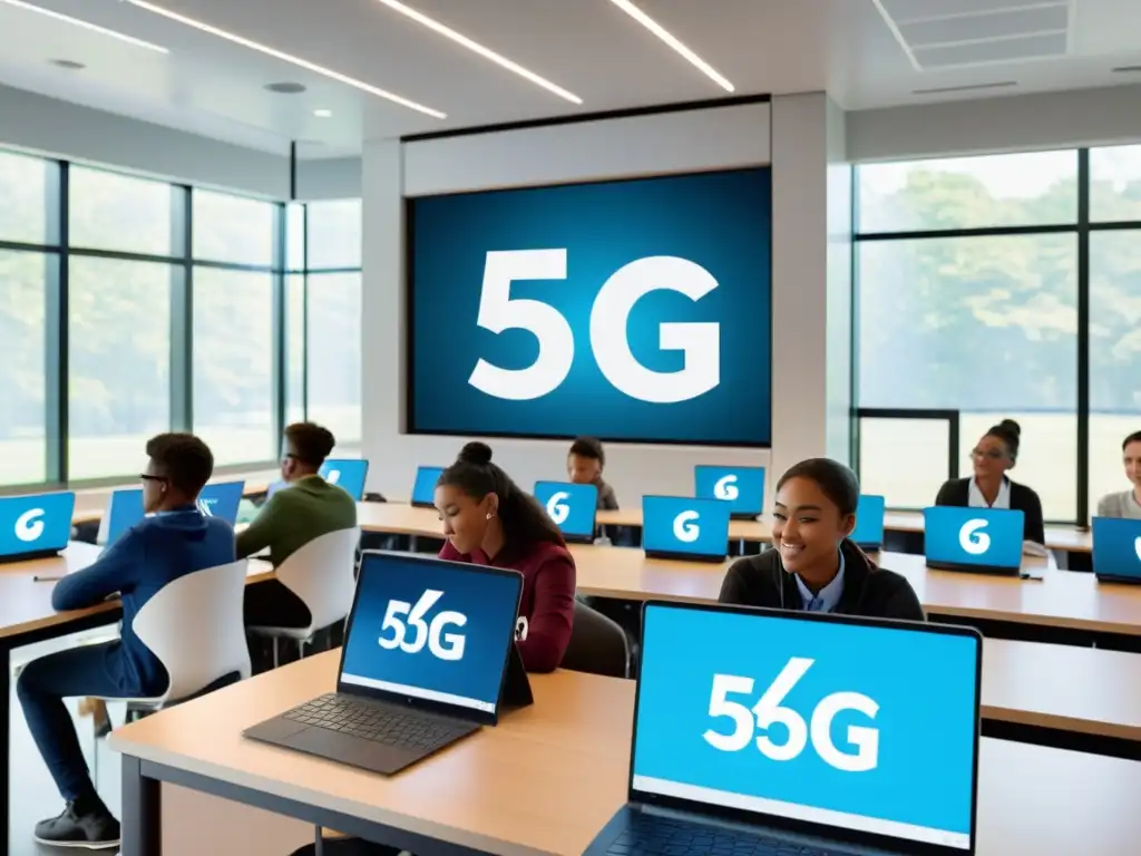 Estudiantes inmersos en la tecnología 5G, colaborando en un aula moderna y luminosa