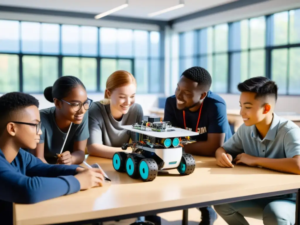 Estudiantes internacionales aprendiendo robótica juntos en un aula moderna y luminosa