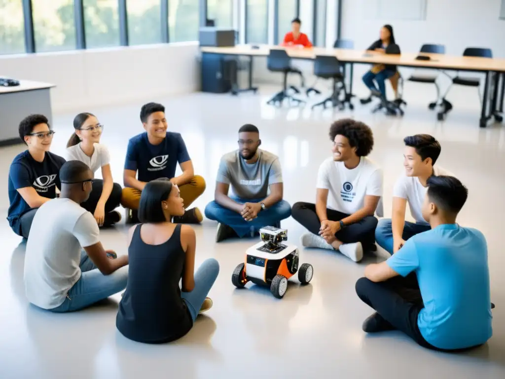 Estudiantes internacionales construyendo y programando robots en un aula amplia y moderna