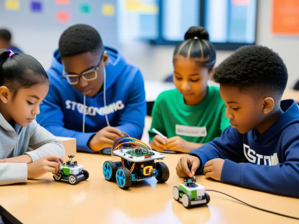 Estudiantes colaborando para implementar kits de robótica educativa en aula moderna y luminosa