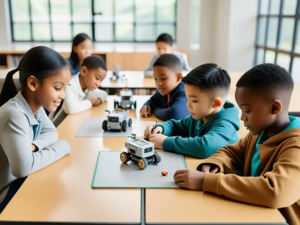 Estudiantes implementando kits de robótica educativa en un aula luminosa, concentrados y emocionados