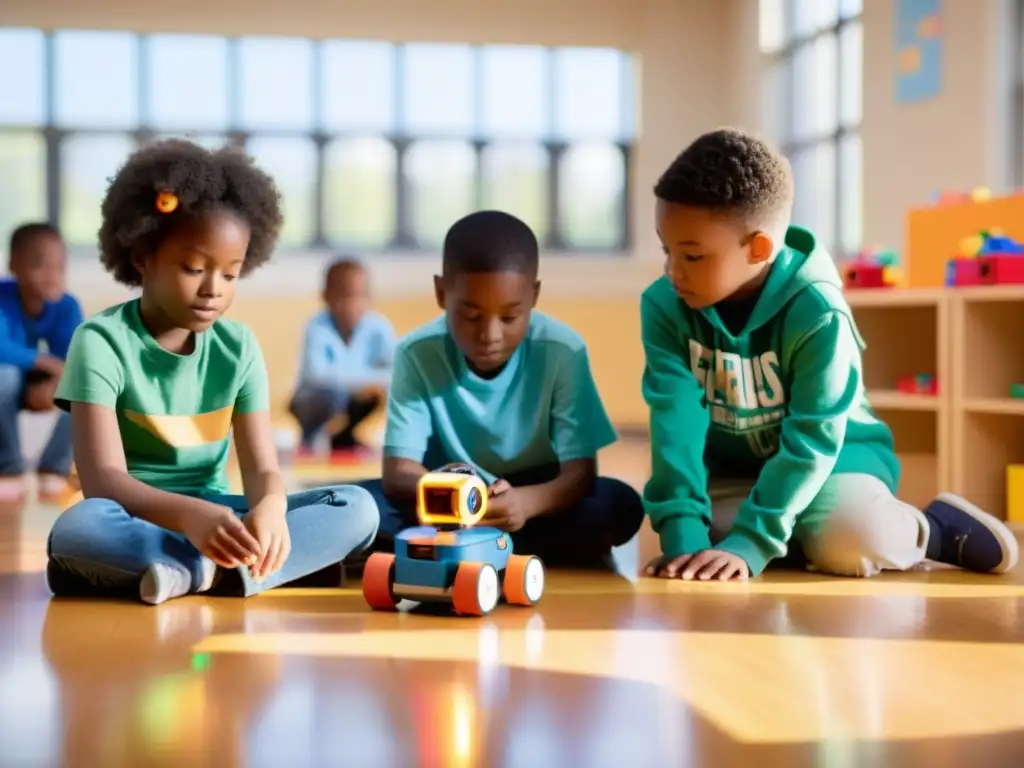 Estudiantes disfrutan de una lección de robótica educativa en el aula, creando y programando robots mientras el profesor los guía