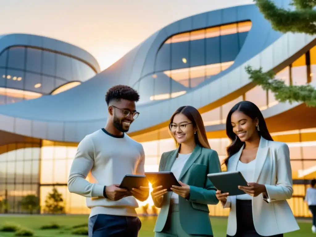 Estudiantes celebran logros con certificados digitales en universidad futurista al atardecer