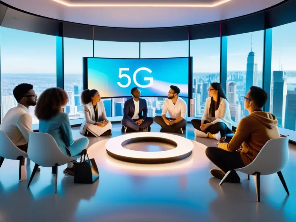 Estudiantes de todo el mundo colaboran en un aula futurista con tecnología 5G, mostrando el potencial de Colaboración Internacional en Educación 5G