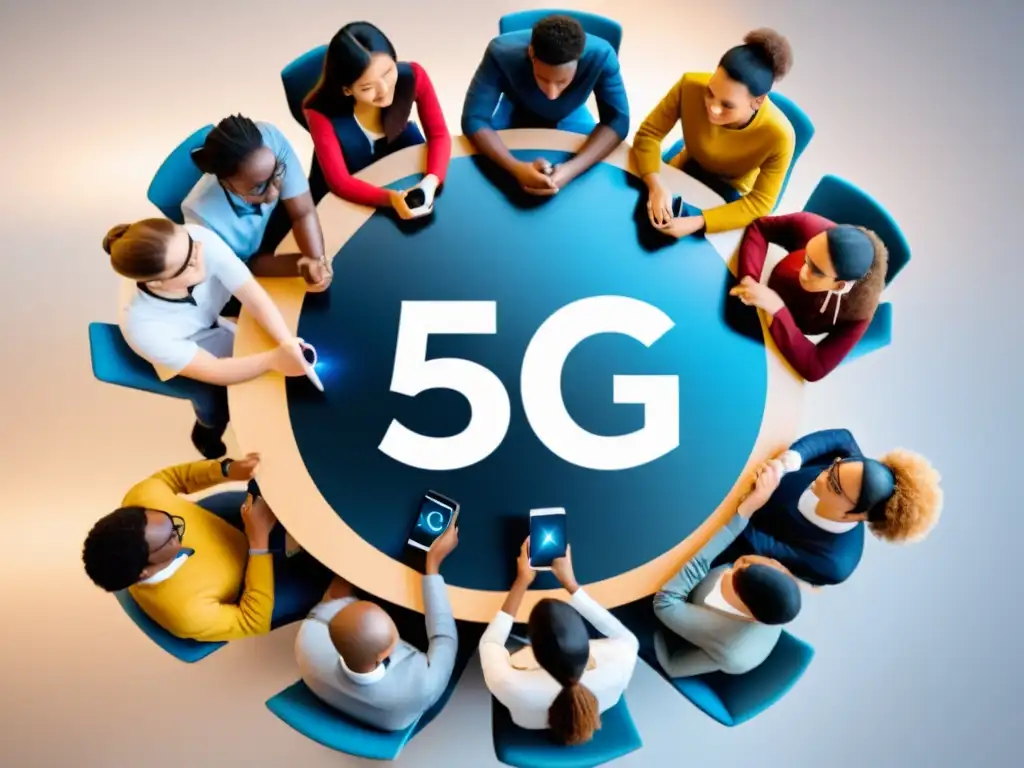 Estudiantes de todo el mundo colaboran en discusión con símbolo 5G, representando la Colaboración Internacional en Educación 5G