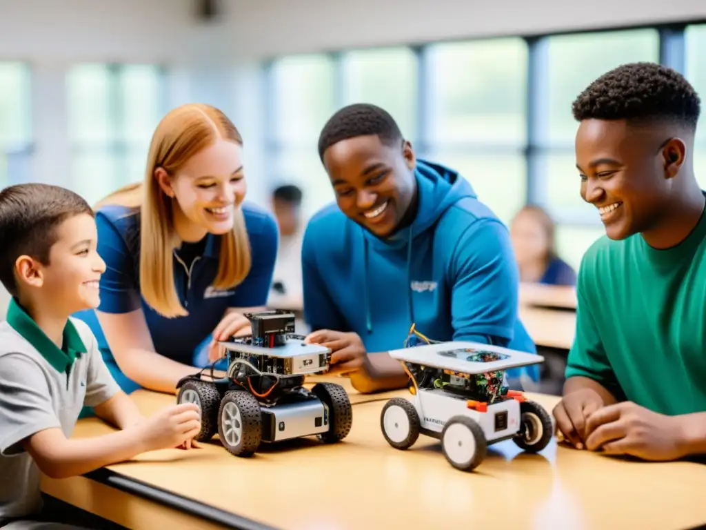 Estudiantes diversos, incluyendo a aquellos con necesidades especiales, colaborando en un proyecto de robótica en un aula luminosa