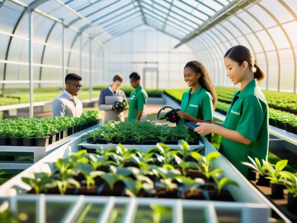 Estudiantes preparándose a la Nueva Generación con Robótica Agrícola en invernadero futurista