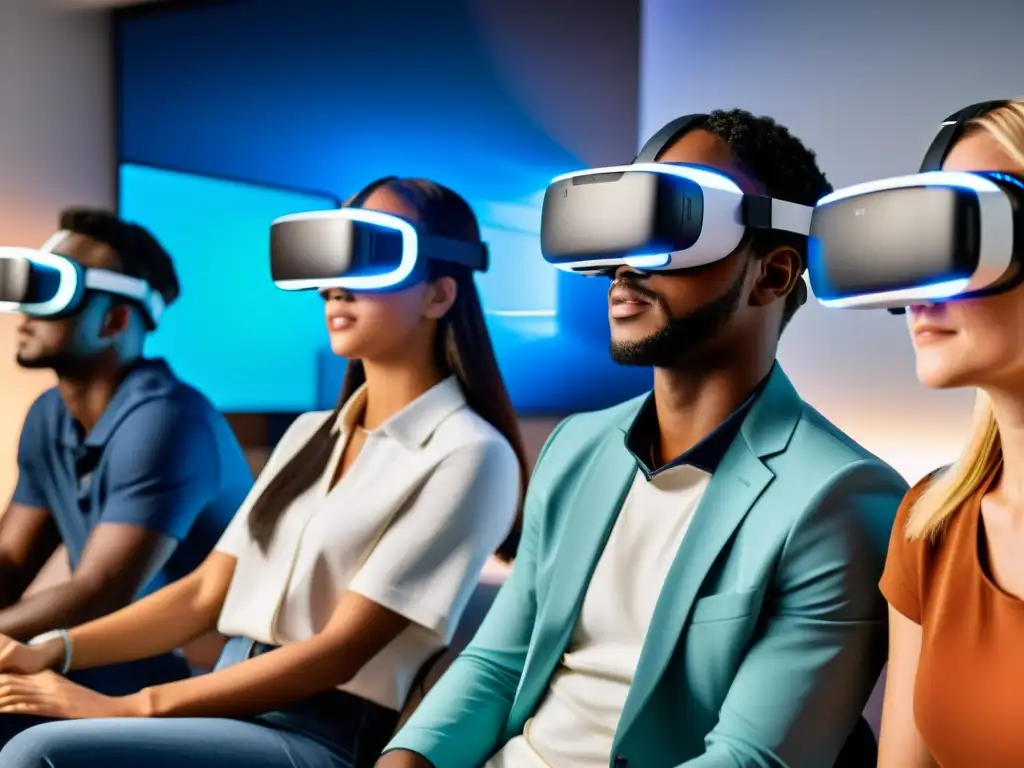 Estudiantes diversos interactúan con objetos virtuales usando auriculares de Realidad Aumentada en un aula futurista