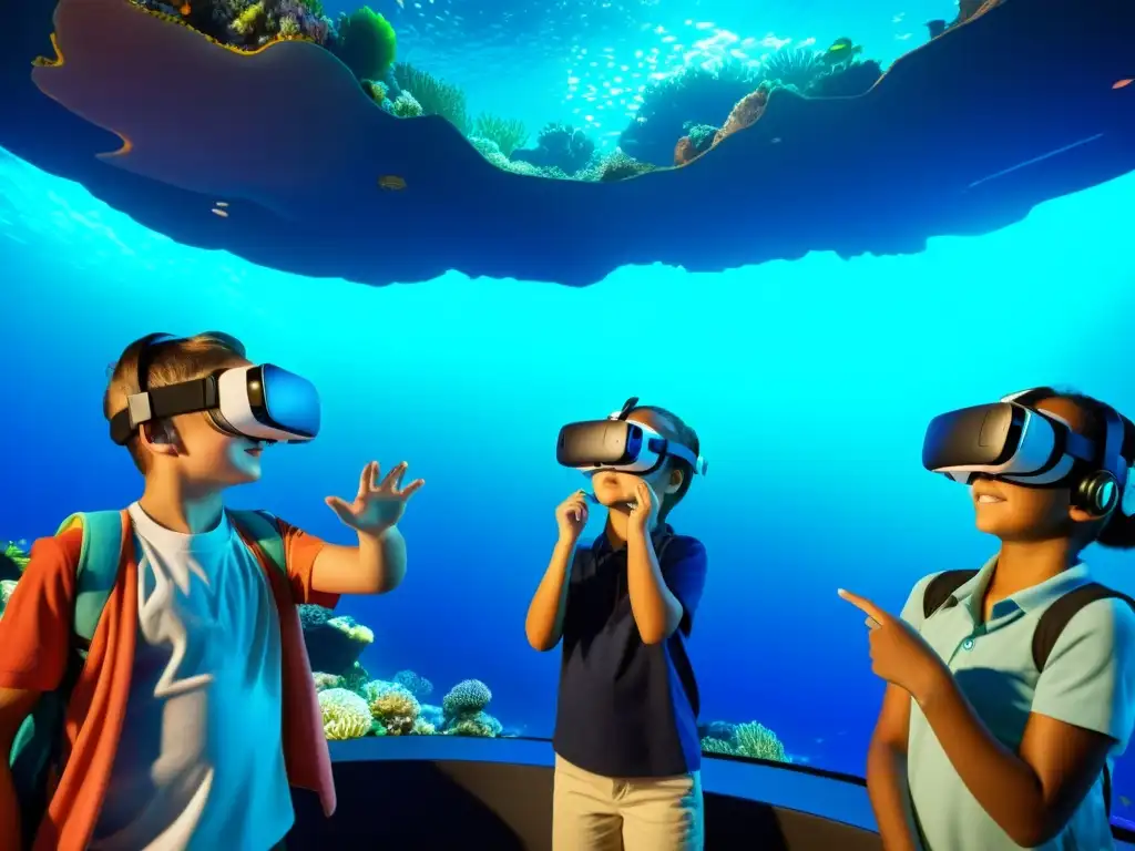 Estudiantes de primaria exploran un arrecife de coral en realidad virtual, con expresiones de asombro