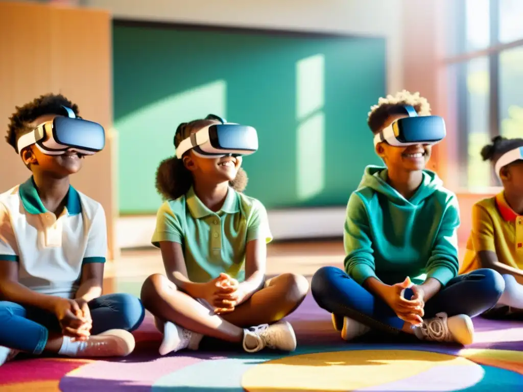 Estudiantes de primaria en círculo usando Realidad Virtual para desarrollo habilidades socioemocionales en aula moderna iluminada por el sol