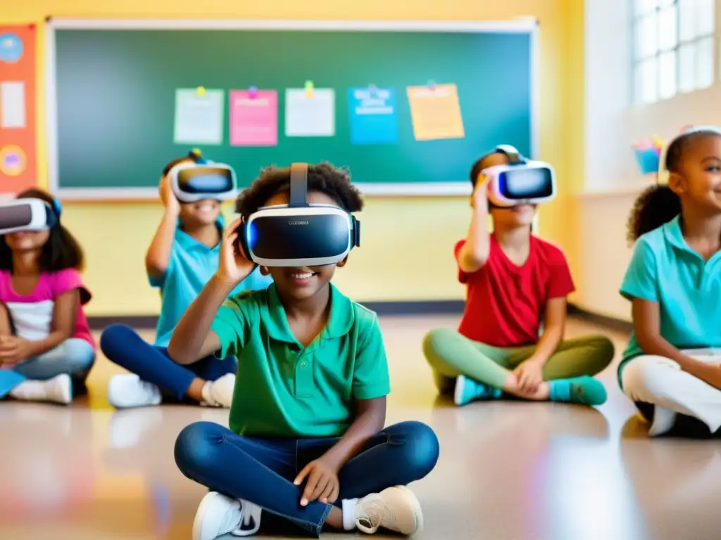 Estudiantes de primaria usando Realidad Virtual en un aula luminosa y colorida, explorando con entusiasmo