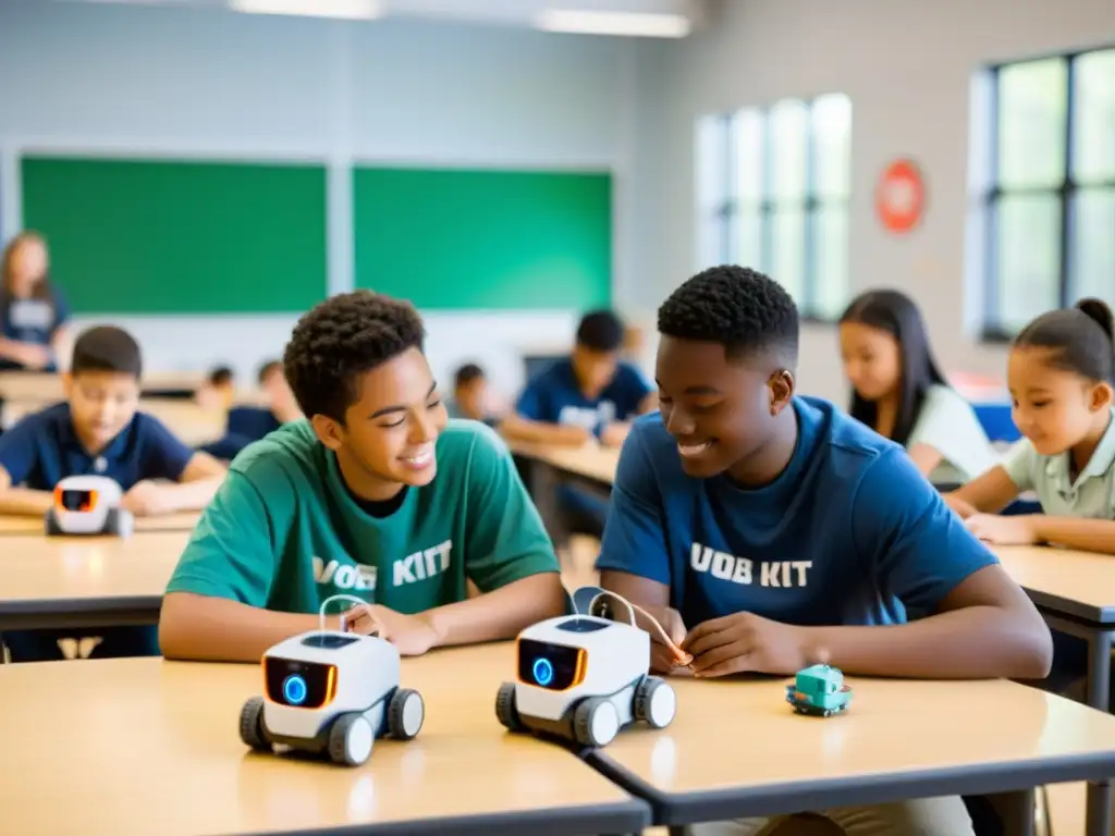 Estudiantes colaborando en programación de robots en aula luminosa